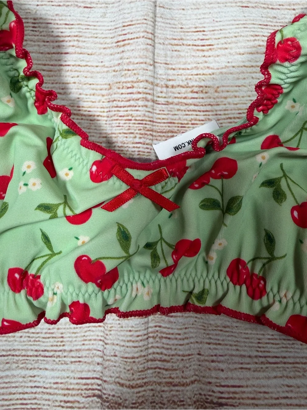 Frankie's Bikinis x PINK Mint Green Cherry Ruffle Bikini Top